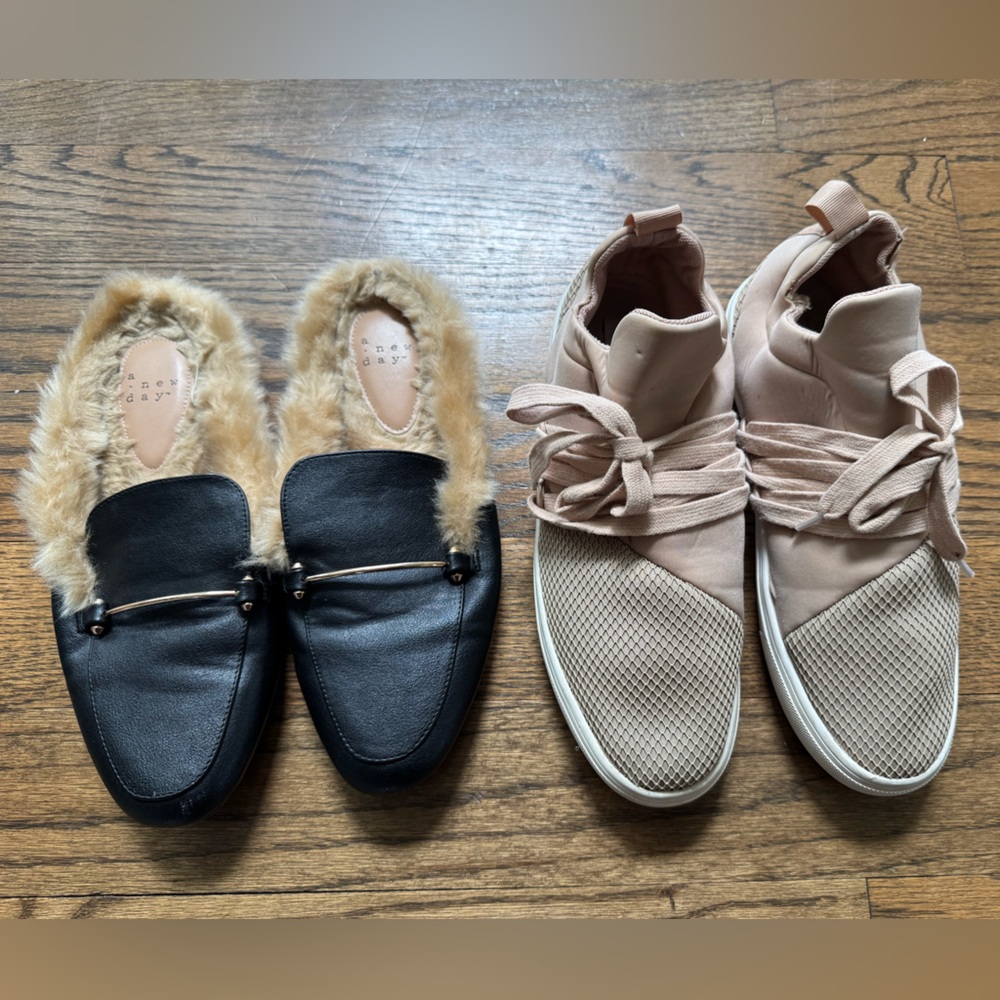 Women’s slip on shoe set: Taupe sneakers and black fur-lined mules, size 9